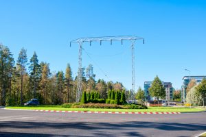 Imatra, Finland - September 13, 2016: Transmission Tower Monument at the entrance to the city not far from The Hydroelectric Power Station