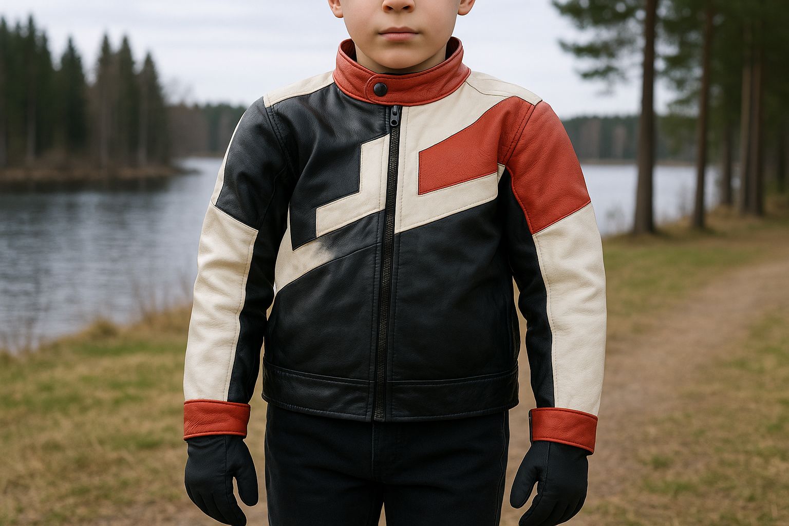 Lapsi oranssissa takissa poseeraa ulkona syksyisessä Imatran maisemassa.